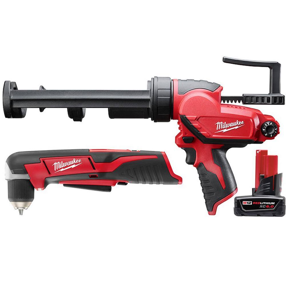 MW M12 12V Lithium-Ion Cordless 38 in. Right Angle Drill with 10 oz. Caulk and Adhesive Gun and 6.0 Ah XC Battery Pack 2415-20-2441-20-48-11-2460