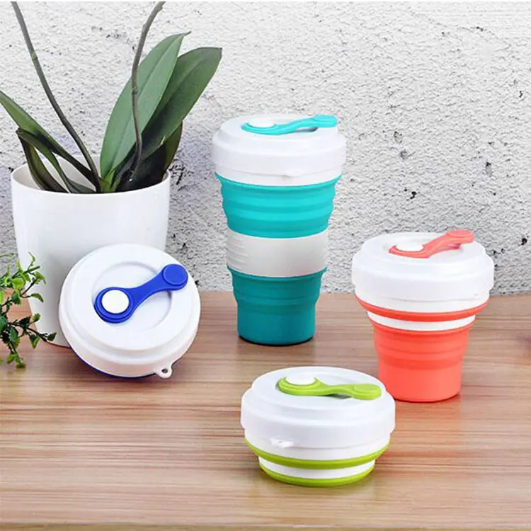 550ML Portable Reusable Eco Friendly folding collapsible camping silicone drinking coffee cup with Lids