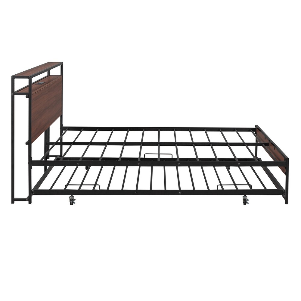 Classic Elegant Full Size Metal Platform Bed Frame with Trundle  USB Ports