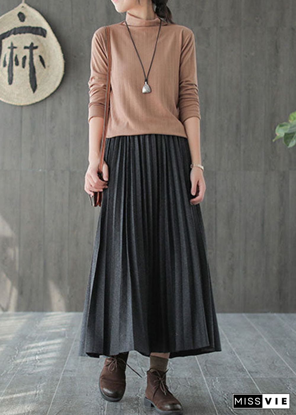 Italian Grey Black Casual Woolen Pleated Fall Skirts