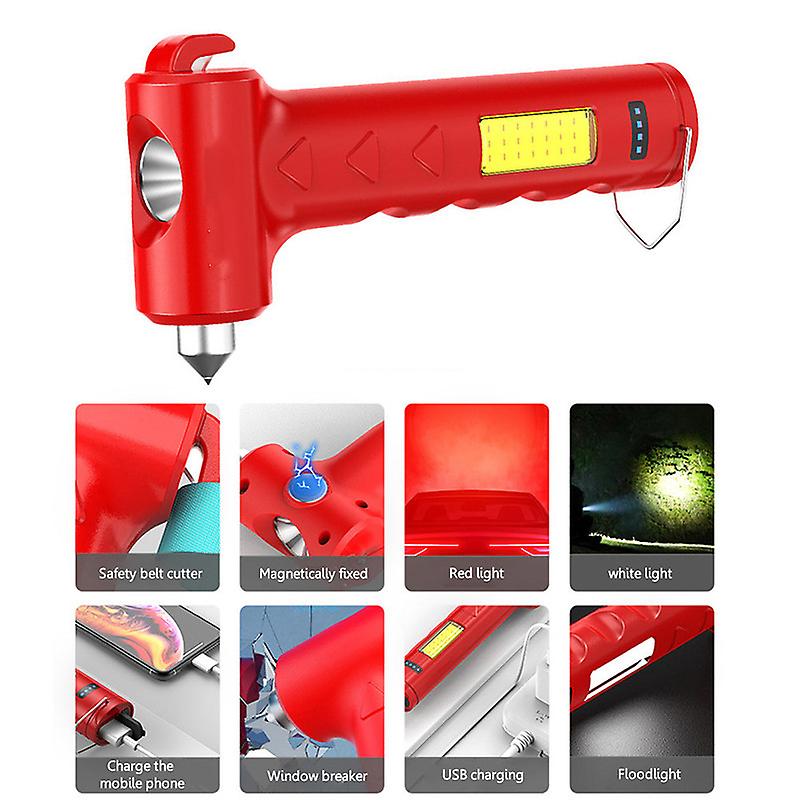 Usb Rechargeable Solar Led Flashlight Multi-function Emergency Torch Safety Hammer Mobile Power Compass For Outdoor Activities