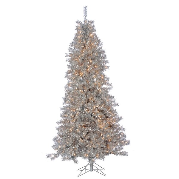 7.5 Foot Silver Curly Tinsel Tree with 550 Clear Lights