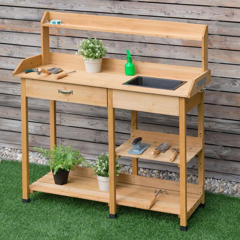 FORCLOVER 48 in. Tall Indoor/Outdoor Yellow Fir Wood Potting Bench Storage Table Shelf CTW-GT3203