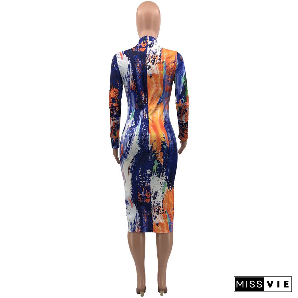 O-neck Tie Dye Printed Long Sleeve Casual Dress