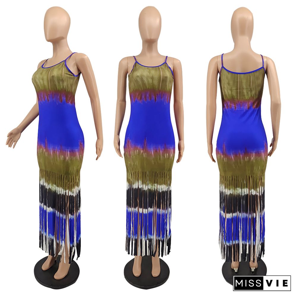 Sleeveless Sling Tie Dye Tassel Bodycon Dress