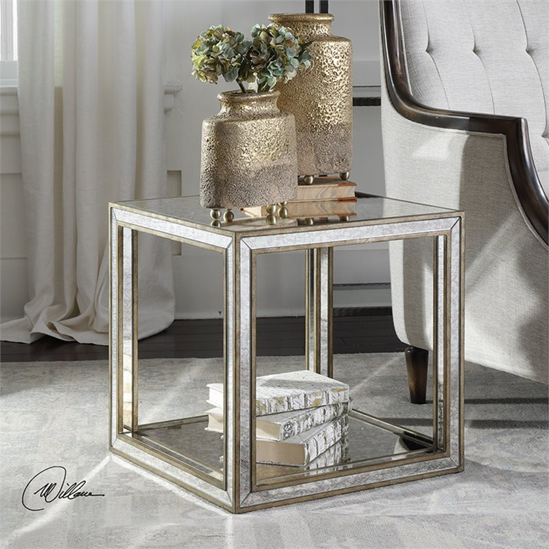 Uttermost Julie 19 quotSquare Wood Mirrored Accent End Table in Antique Gold   Transitional   Side Tables And End Tables   by Buildcom  Houzz