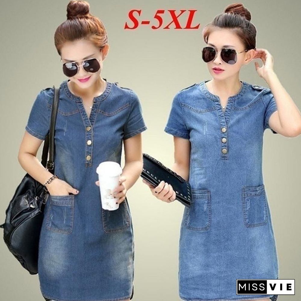 Plus Size Denim Dress Women Short Sleeve Dress Spring Vintage Vestidos Robe Casual Slim V-neck Office Shirt Jeans Dress