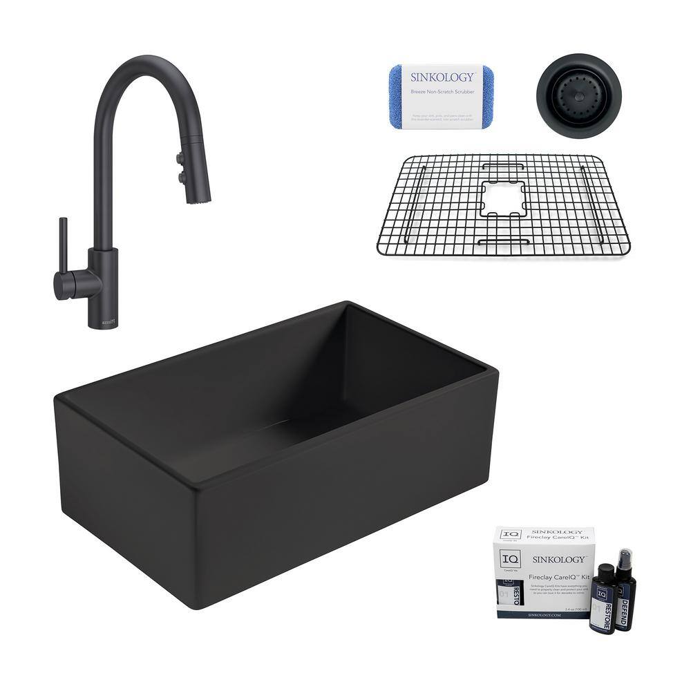 SINKOLOGY Bradstreet II All-in-One Matte Black Fireclay 30 in. Single Bowl Farmhouse Apron-Front Kitchen Sink and Faucet Kit SK499-30MB-SABB