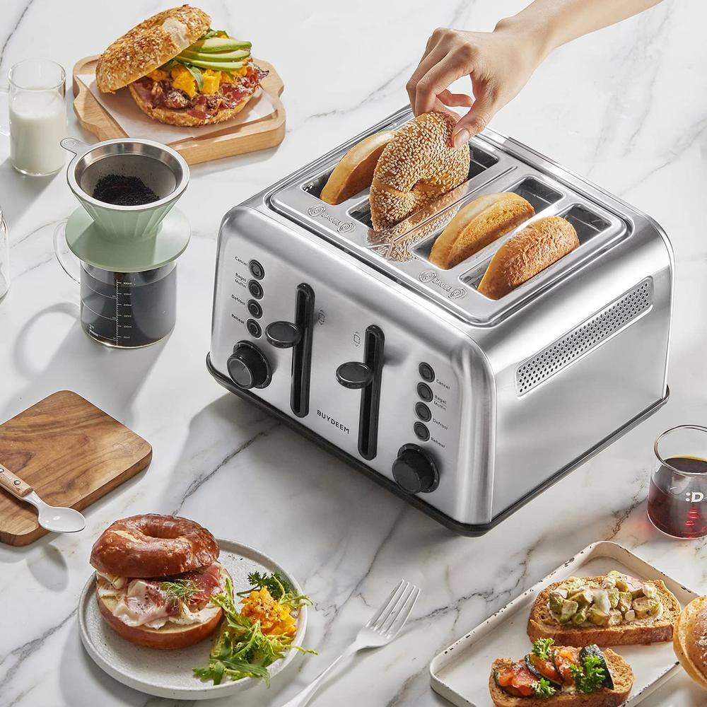 BUYDEEM 4-Slice Toaster Extra Wide Slots Retro Stainless Steel with High Lift Lever Removal Crumb Tray 7-Shade Settings DT-6B83S