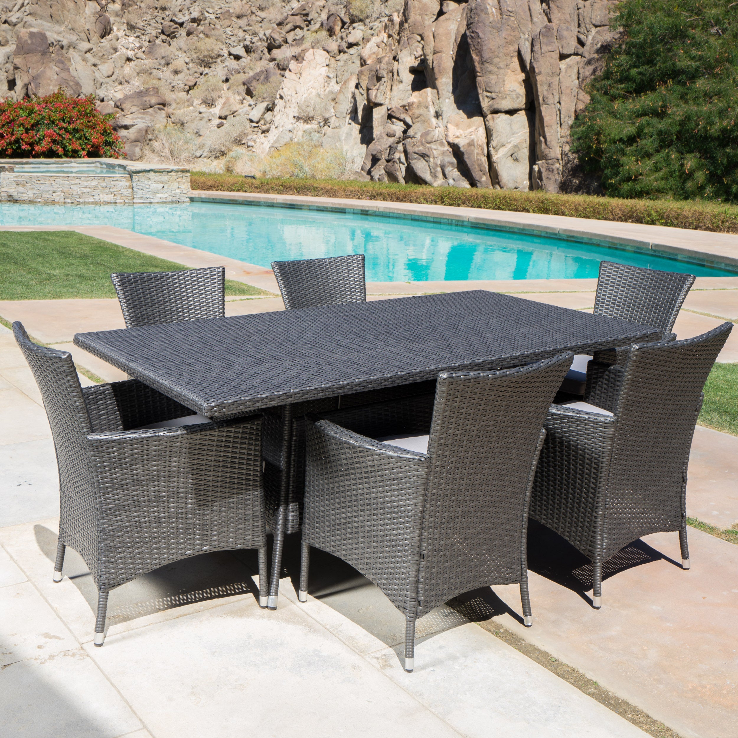 Macalla Outdoor 7-Piece Gray Wicker Dining Set with Light Gray Cushions