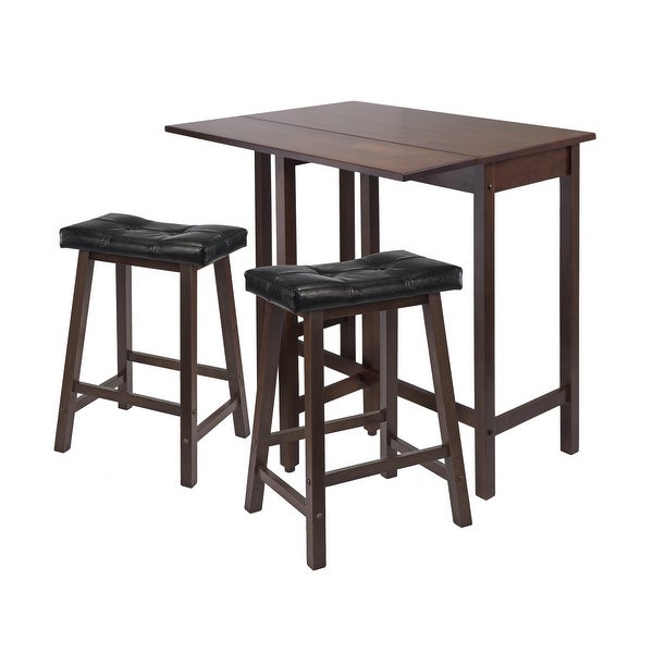 Wood Lynnwood 3-Pc Set， Drop Leaf Table and 2 Cushioned Saddle Seat Stools， Walnut Finish