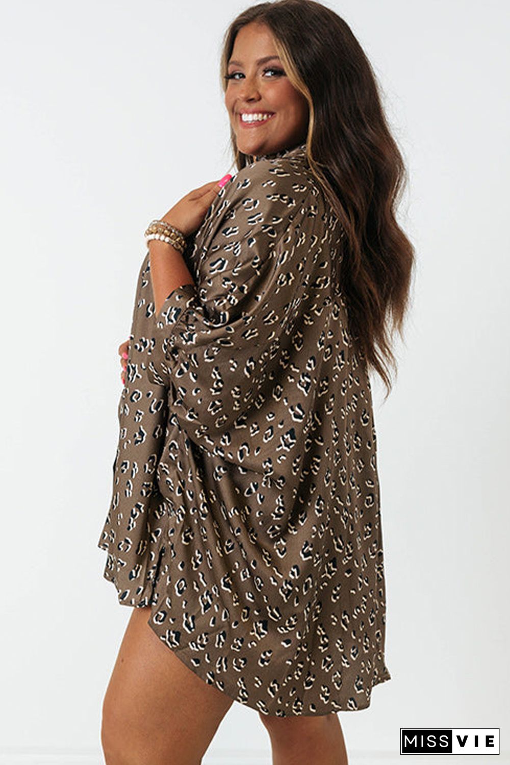 Leopard Buttoned Batwing Sleeve Plus Size Shirt