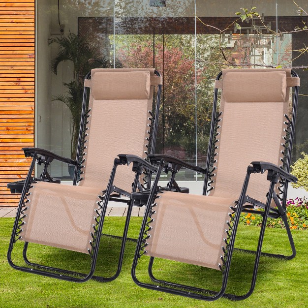 Costway 2pcs Zero Gravity Chairs Lounge Patio Folding Recliner Beige W cup Holder