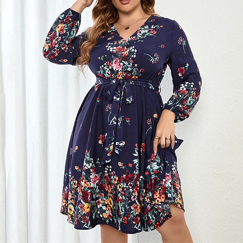 Women's Plus Size Casual Dress Floral V Neck Long Sleeve Fall Winter Casual Knee Length Dress Causal Daily Dress