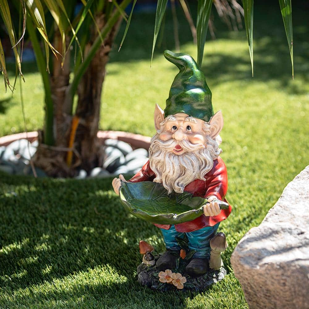 Alpine Corporation 16 in. Tall Outdoor Garden Gnome and Bird Feeder Yard Statue Decoration WAC208