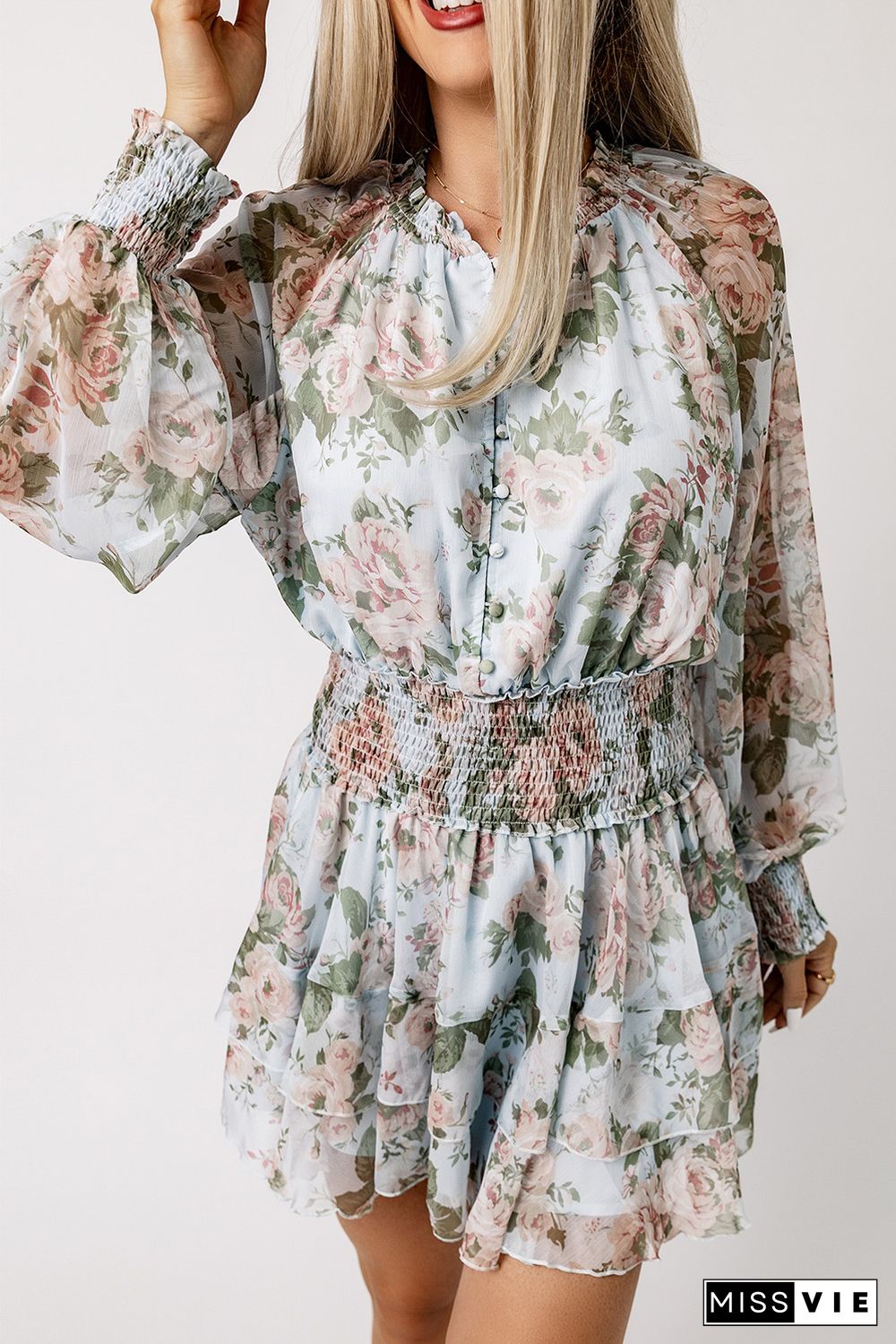 Green Floral Print Tiered Ruffled Shirred High Waist Mini Dress