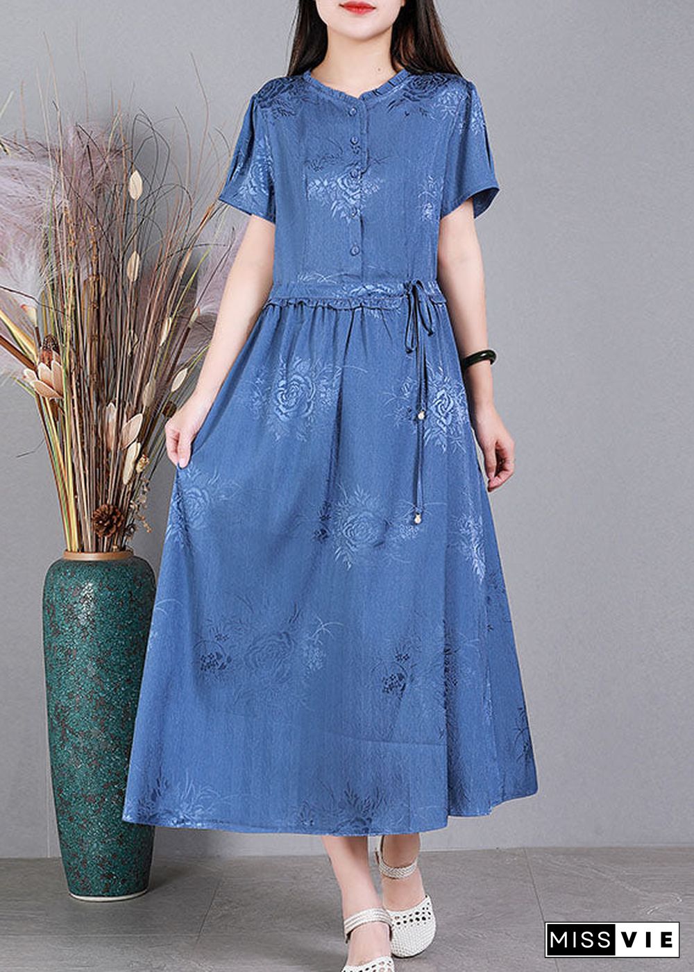 Diy Blue Ruffled Tie Waist Jacquard Silk Long Dress Short Sleeve