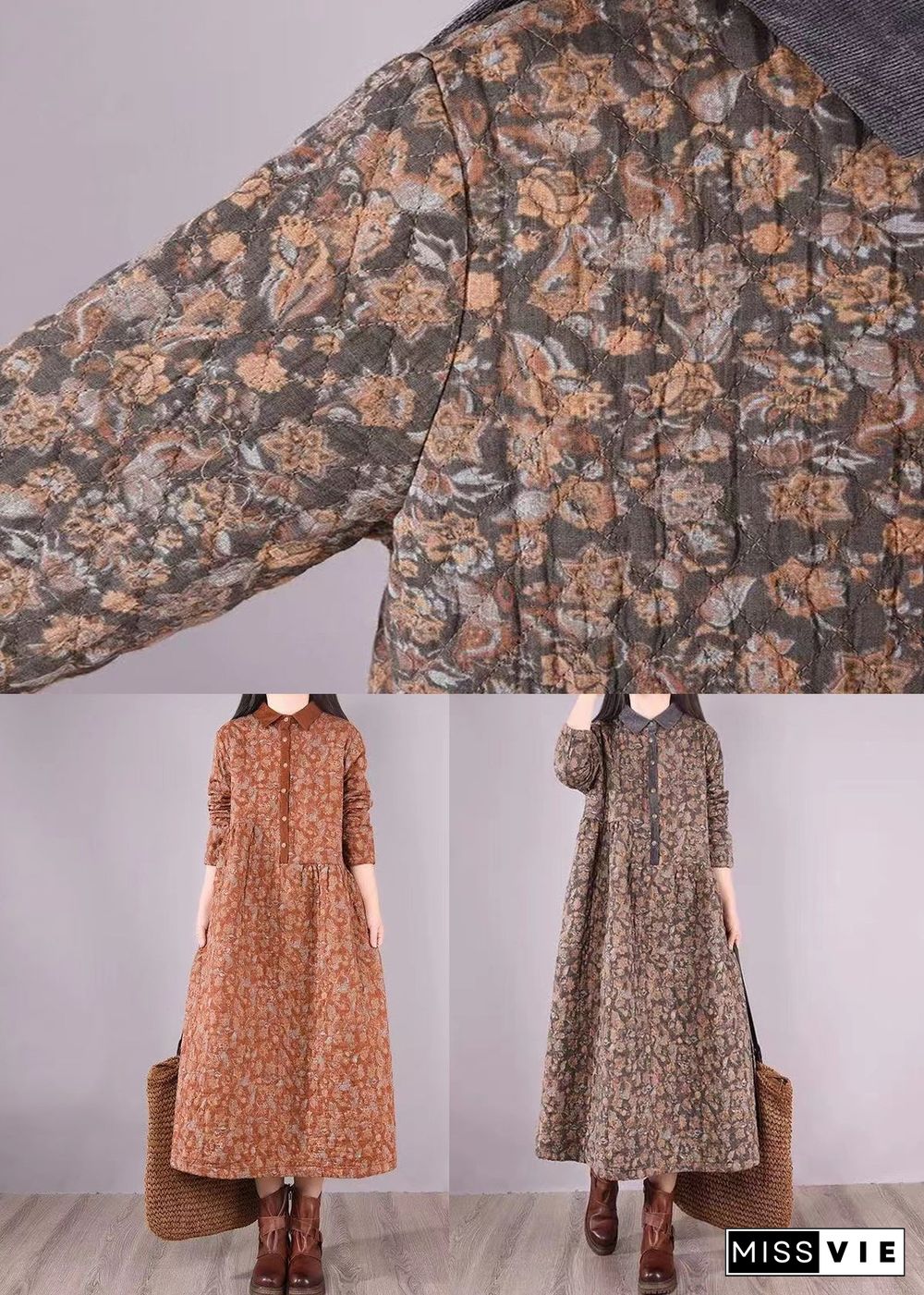 Natural Orange Print Patchwork Fine Cotton Filled Dresses Winter