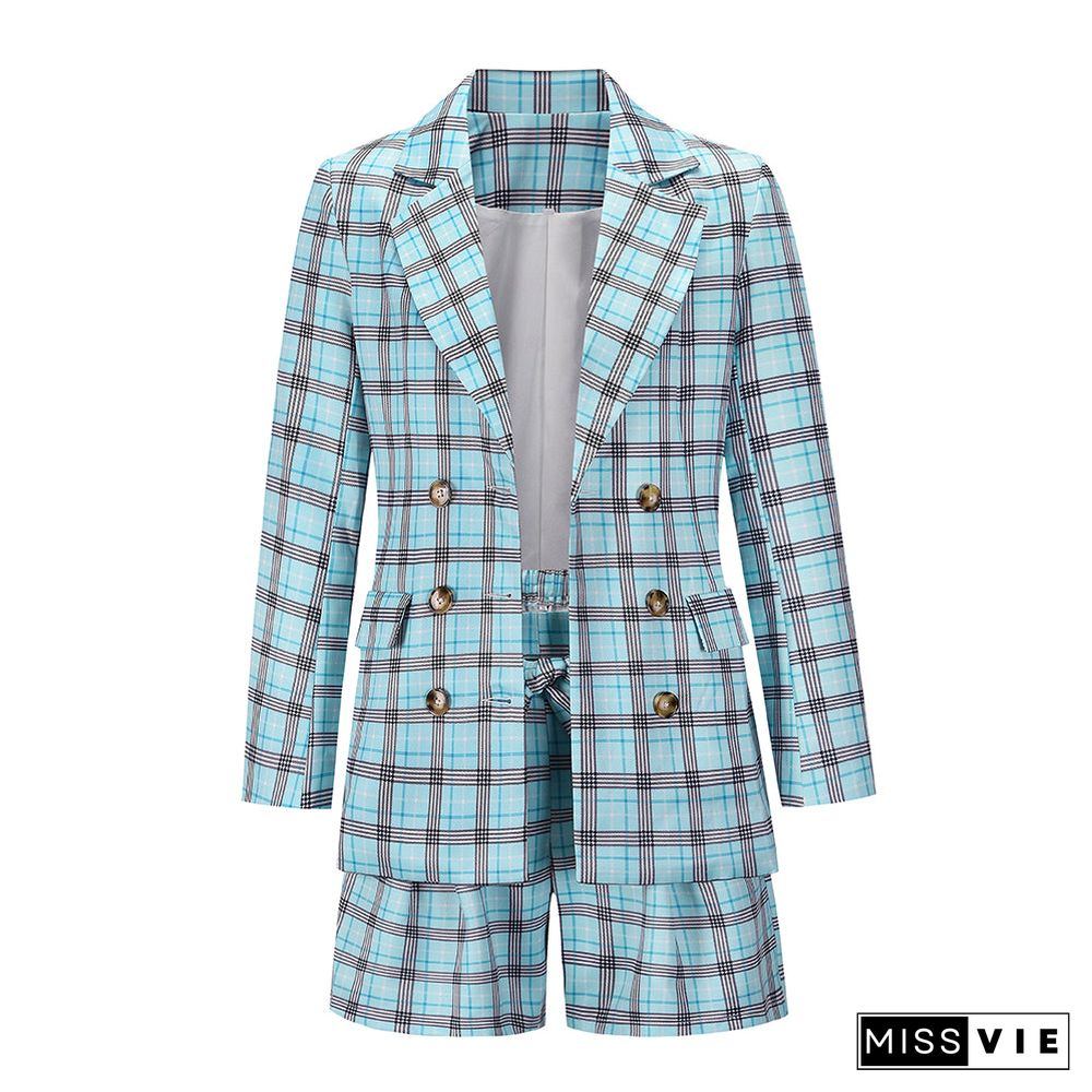 Plaid Notched Lapel 2 Piece Blazer Tie Waist Shorts Set