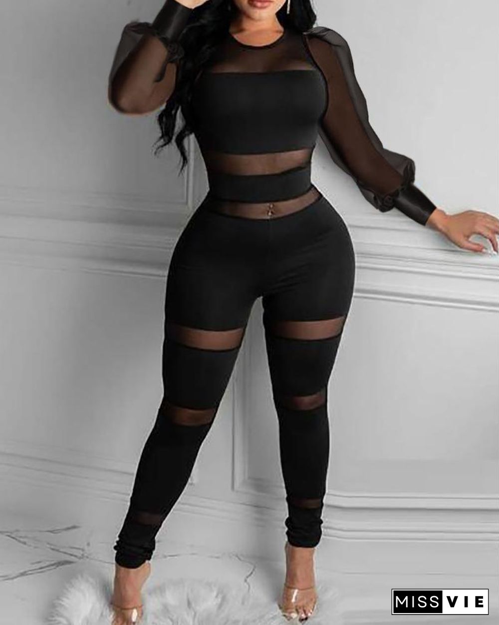 Sheer Mesh Long Sleeve Skinny Jumpsuit