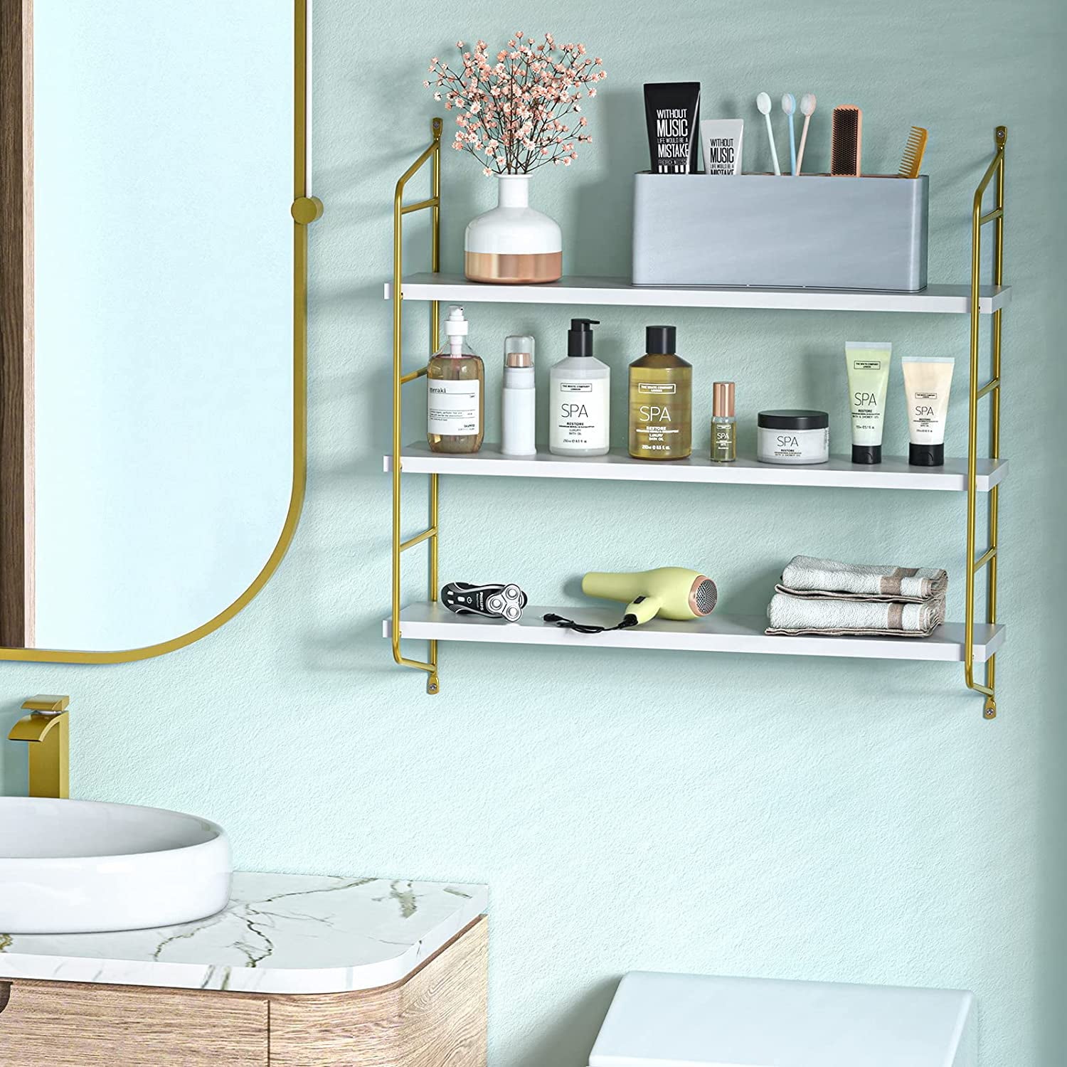 Golden & White Wall Mounted Floating Shelves for Bathroom, Kitchen & Bedroom