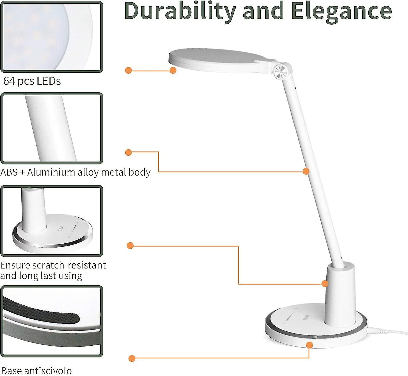 Led Desk Lamp， 10 Brightness Levels And 5 Adjustable Color Modes， Touch Control Bedside Lamp， White