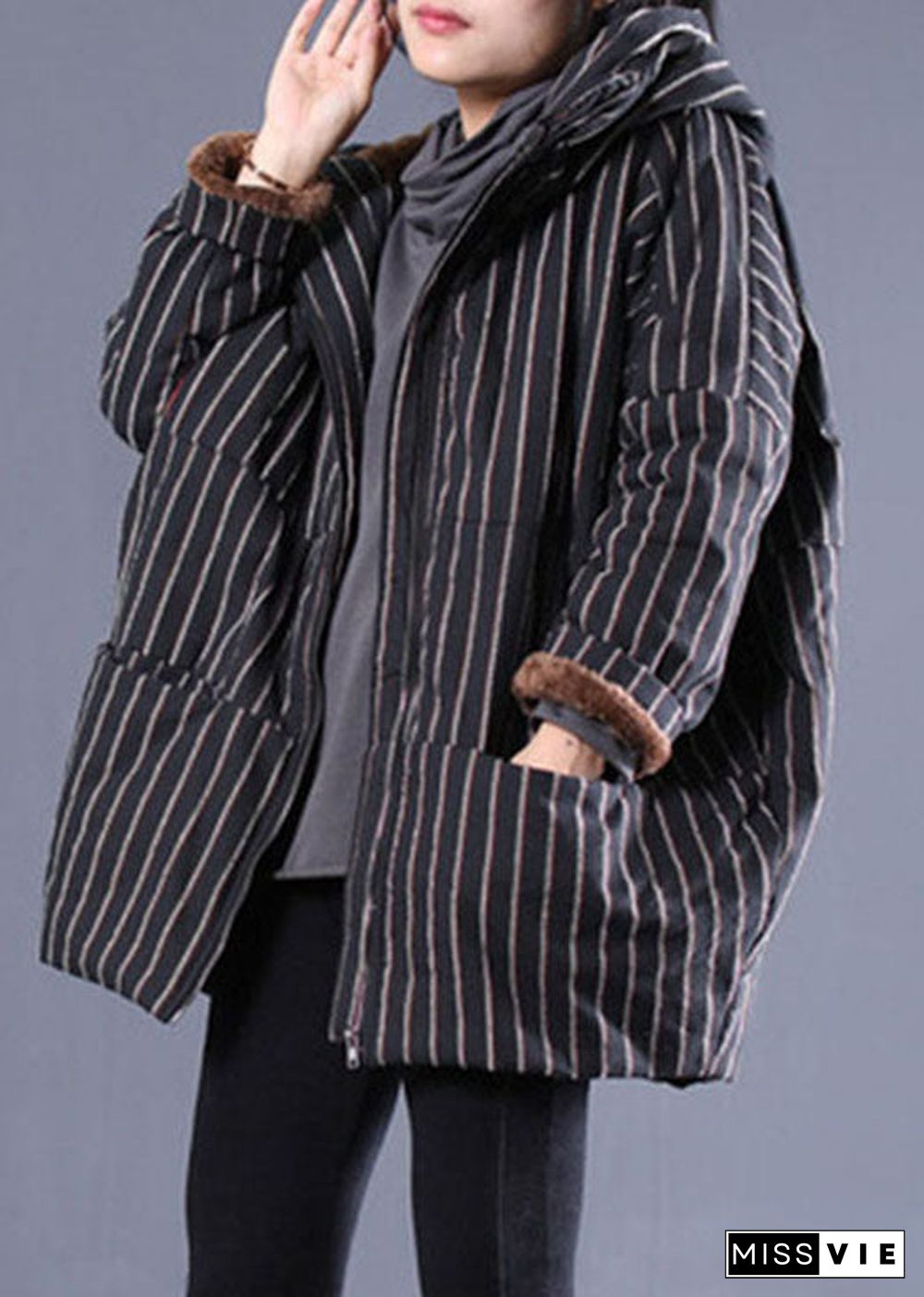 Fashion Black Hooded Striped Fine Cotton Filled Puffer Jacket Winter