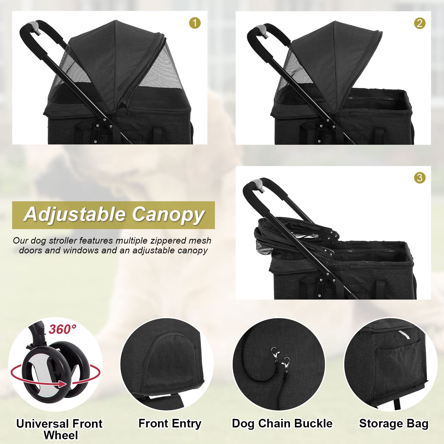 Dkelincs Pet Stroller， 3 Wheels Folding Dog Stroller for Medium Dogs with Detachable Carrier， Black