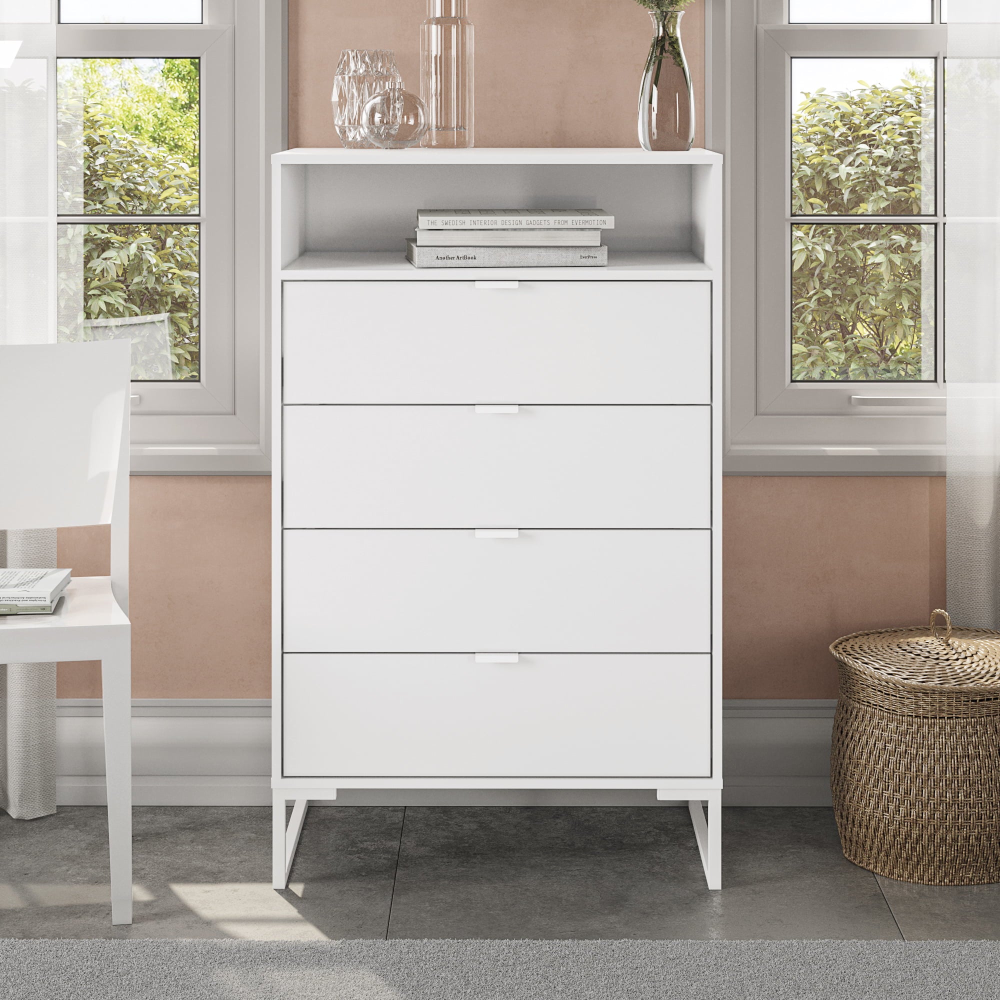 New Collins Tall Vertical Dresser with 4 Drawers, White Finish