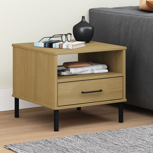 Bedside Table with Metal Legs Brown Solid Wood Pine OSLO