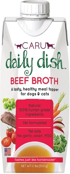 Caru Daily Dish Beef Broth Human-Grade Dog and Cat Wet Food Topper， 1.1-lb bottle