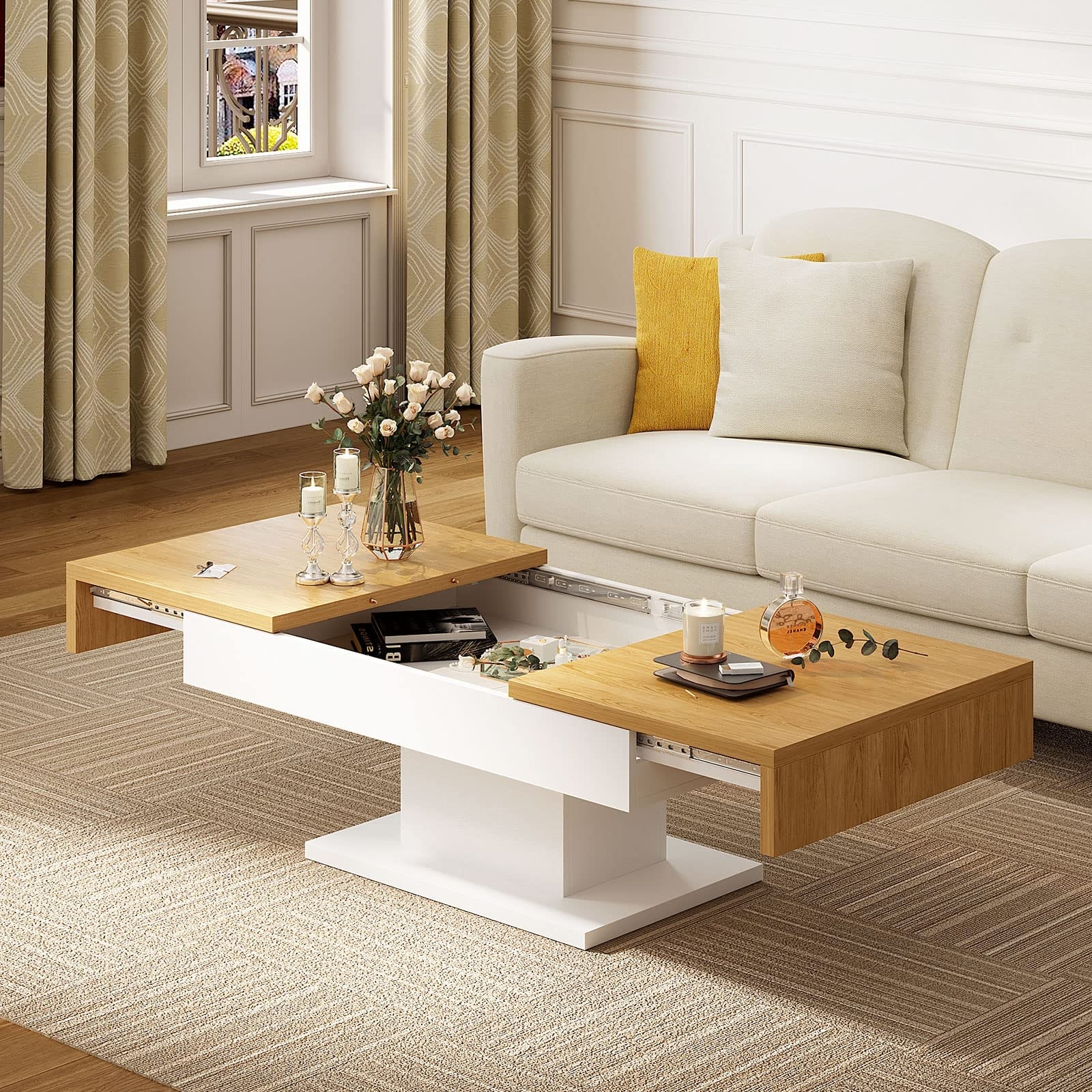 Wood Coffee Table for Living Room Sliding Top with Hidden Storage，Rectangle Modern Cocktail Table， Pull Out Center Table