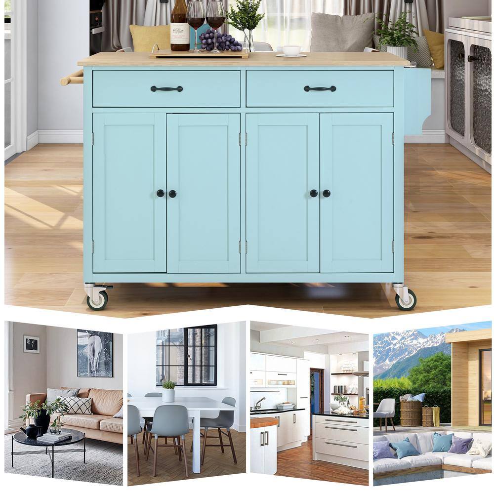 Mint Green Wood 54 in. Kitchen Island Cart with 4-Door Cabinet and 2-Drawers BKPP-billkin-52