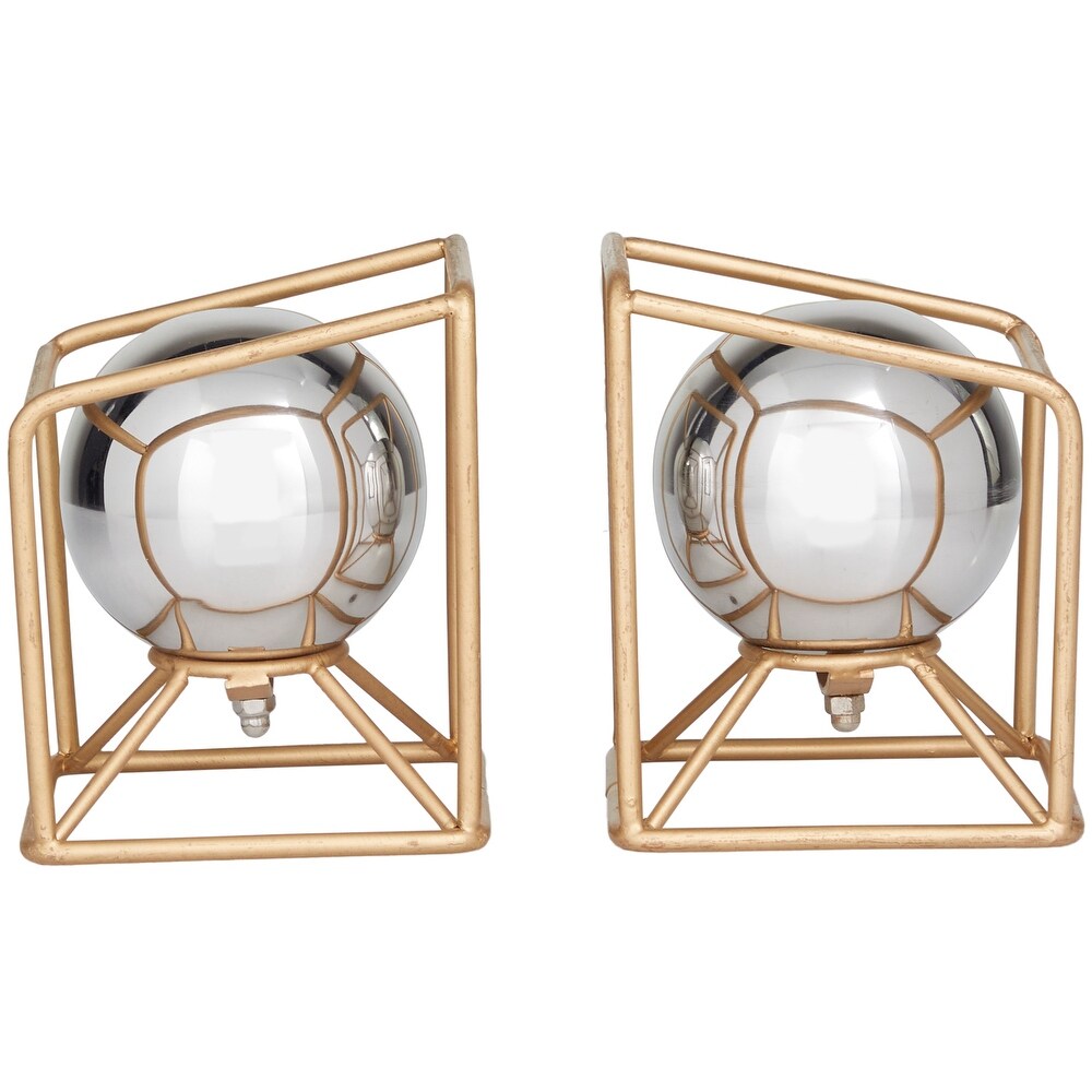 Silver Stainless Steel Orb Geometric Bookends with Gold Base   5.10W x 5.15 L x 5.85H