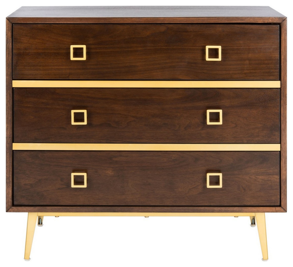 Lorena 3 Drawer Chest Walnut/ Gold   Midcentury   Accent Chests And Cabinets   by AED Luxury Home Decor  Houzz