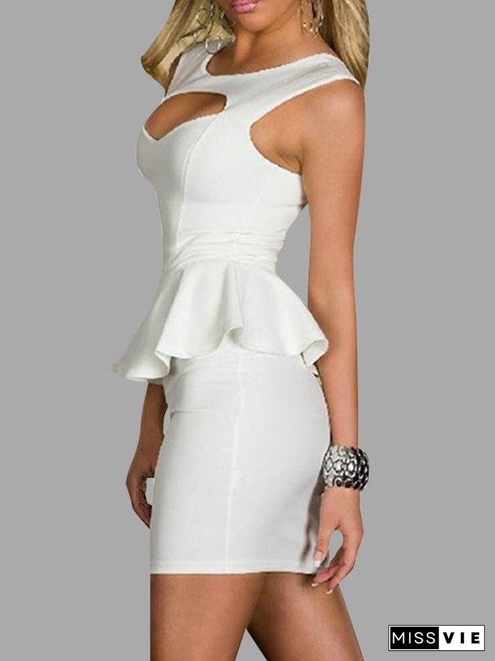 White Cut Out Flounce Peplum High-Waist Sleeveless Sexy Party Dress