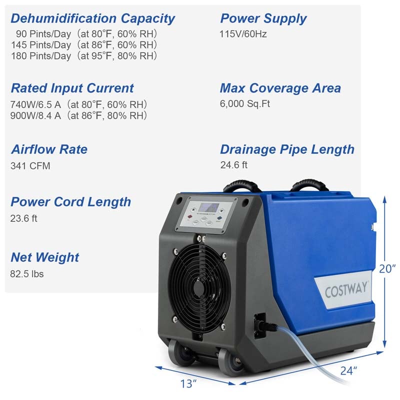 Canada Only - 180 PPD Portable Commercial Dehumidifier with Pump & 24.6 Ft Drain Hose