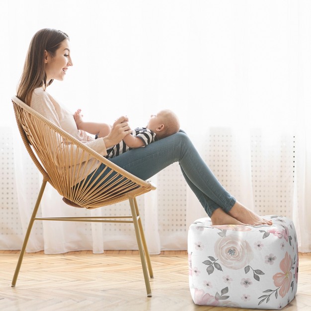 Sweet Jojo Designs Girl Unstuffed Fabric Ottoman Pouf Cover Decorative Storage Watercolor Floral Pink And Grey Insert Not Included