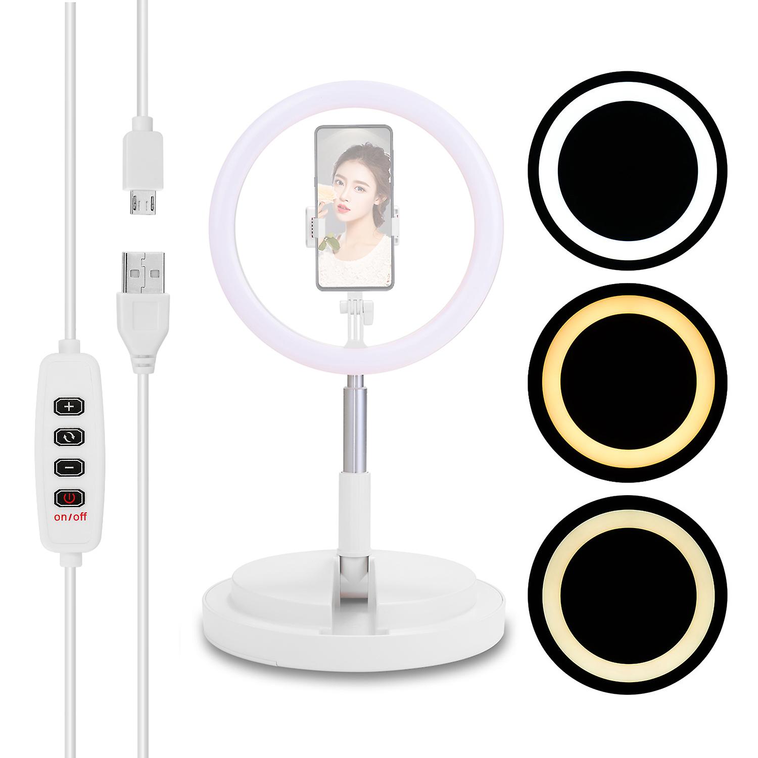 290mm Usb Interface Dimmable Led Selfie Round Light Phone Photography Video Makeup Lamp With Phone Clip Foldable Round Light With Round Base