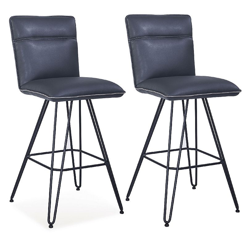 Metal Leather Upholstered Bar Height Stool with Hairpin Style Legs， Set of 2， Blue and Black