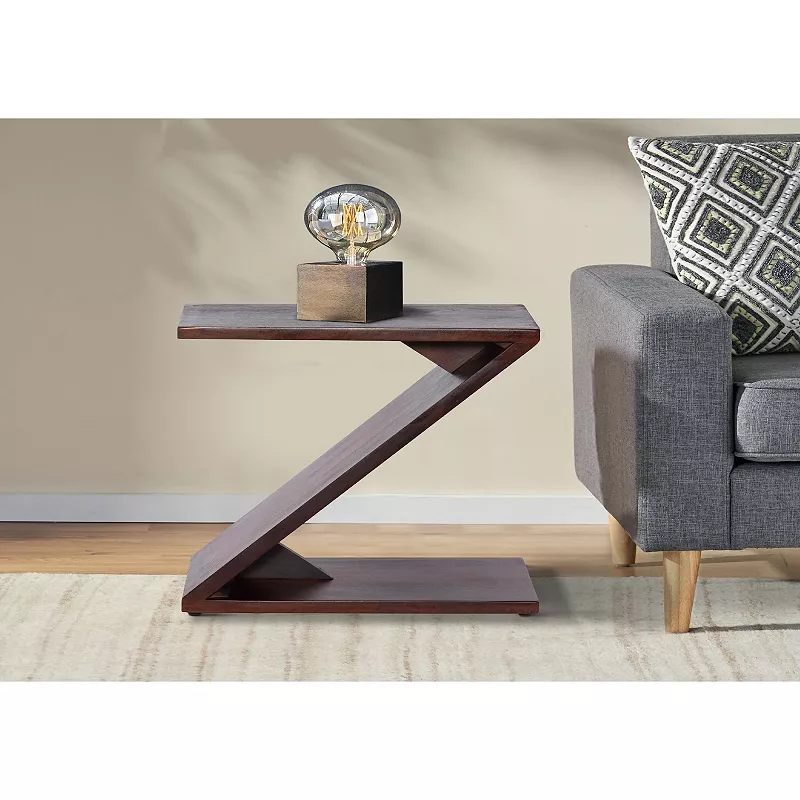 24 Inch Rectangular Mango Wood Side Table， Z Shaped Frame， Dark Brown