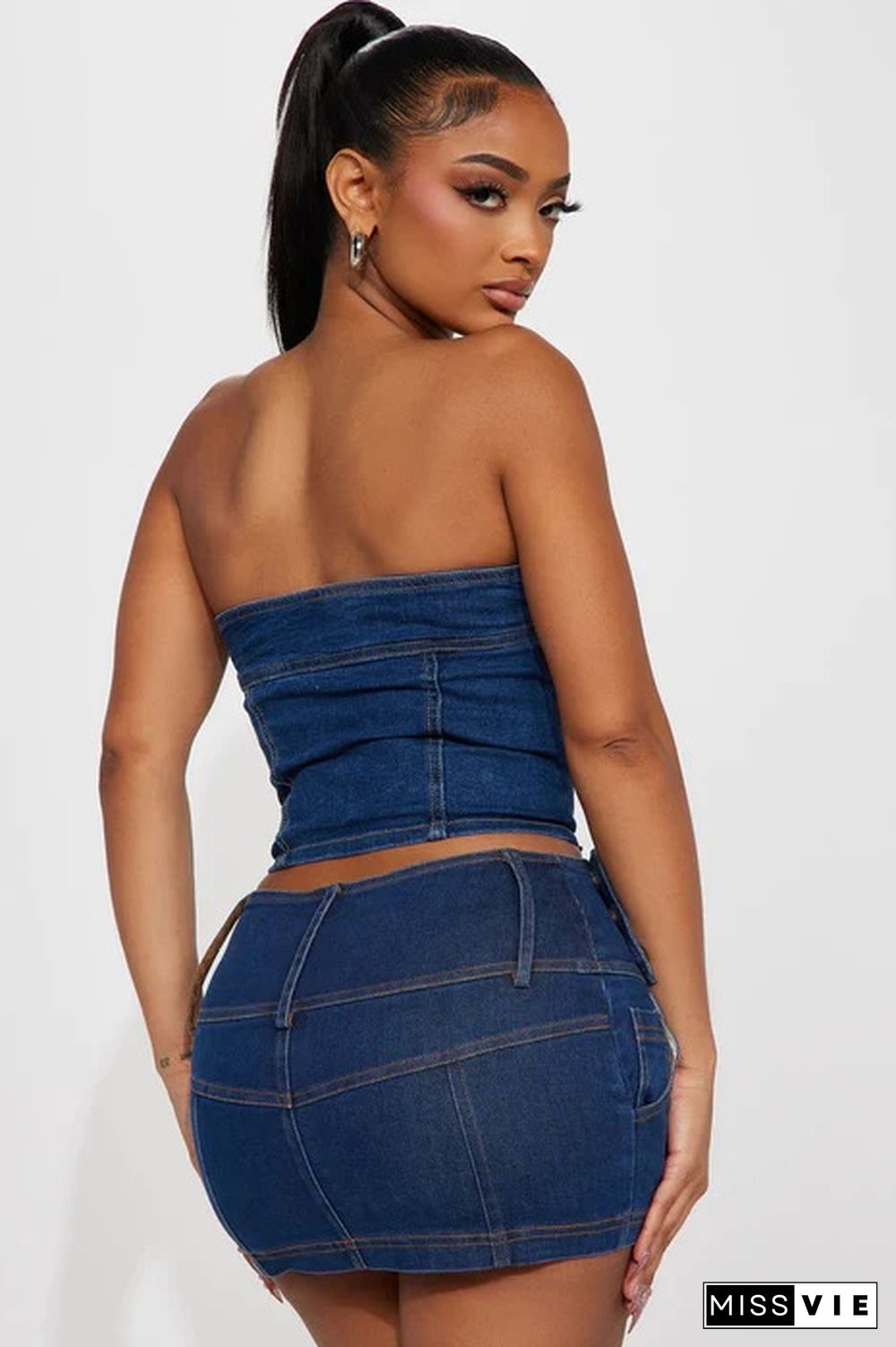 Strapless Crop Top Mini Skirt Denim Two Piece Set