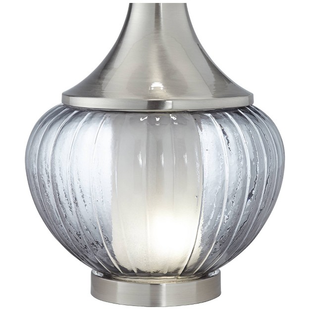 Tall Fluted Smoked Glass With Nightlight White Linen Drum Shade For Bedroom Living Room Nightstand