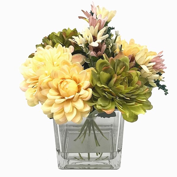 Enova Home Artificial Daisy and Mixed Fake Silk Flowers Arrangement in Clear Glass Vase with Acrylic Water for Home Office Decor