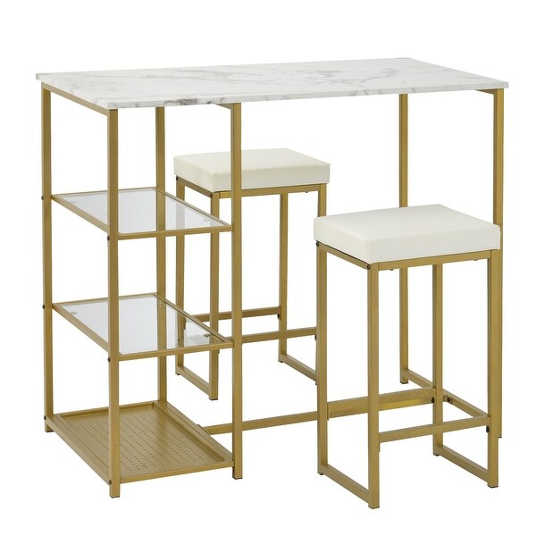 3-piece Modern Pub Set with Faux Marble Countertop and Bar Stools， White and Gold