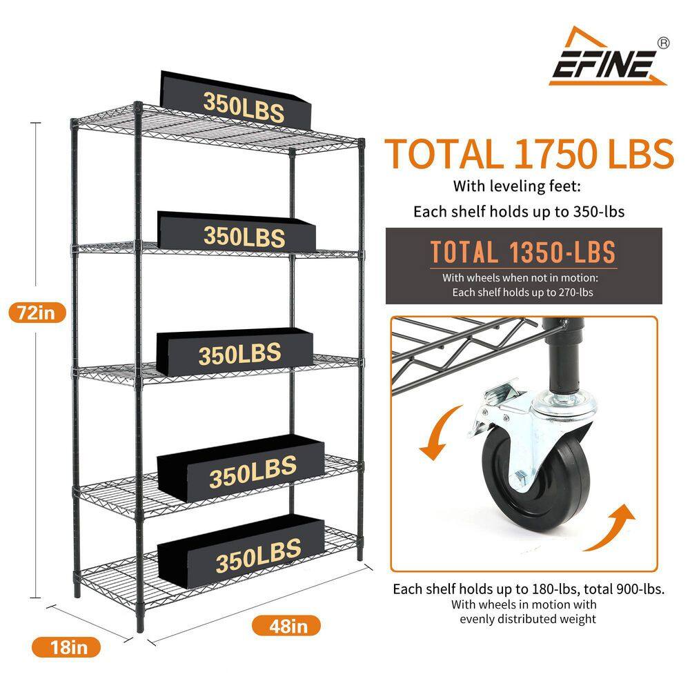 EFINE Black 5-Tier Heavy Duty Metal Wire Storage Shelving Unit wCasters NSF Certified (48 in. W x 72 in. H x 18 in. D) R60-5B