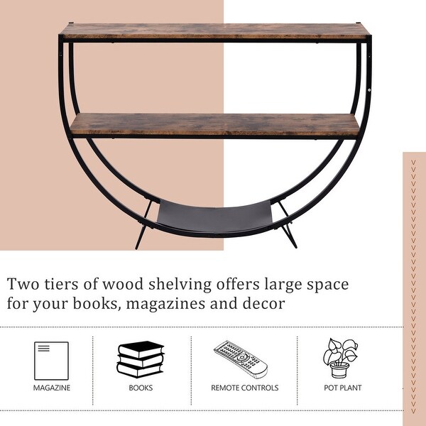 Rustic wood control table Unique semi-circular entry table Vintage 2-level sofa table with storage rack and sturdy metal frame