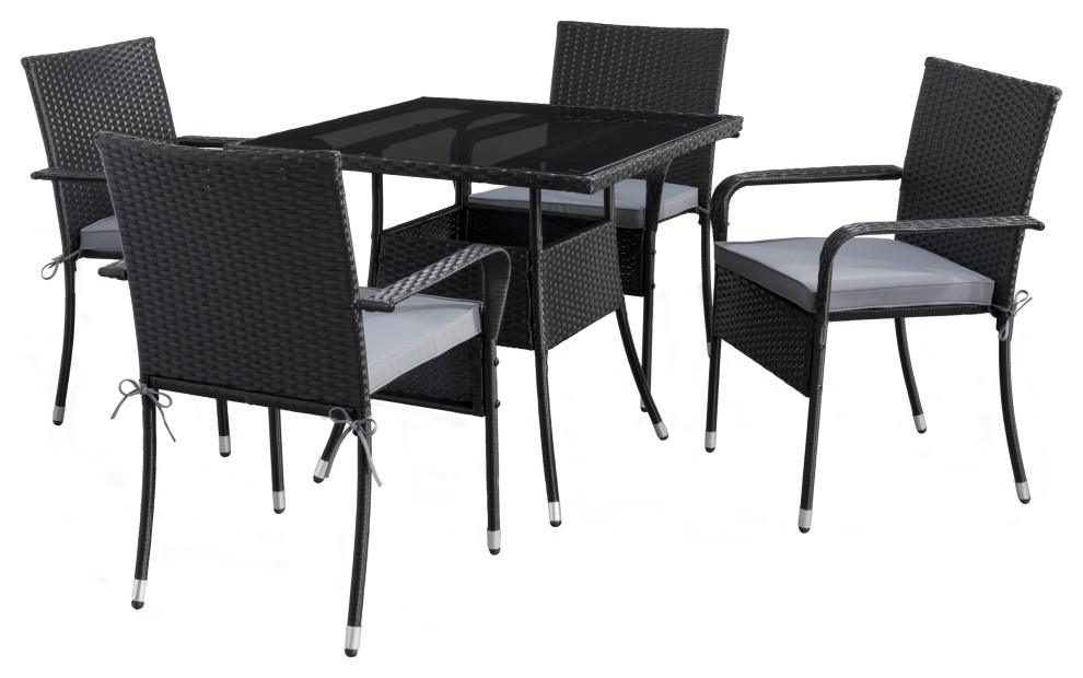 Parksville Square Patio Dining Set  Stackable Chairs Black/Ash Grey Cushions 5pc   Tropical   Outdoor Dining Sets   by CorLiving Distribution LLC  Houzz