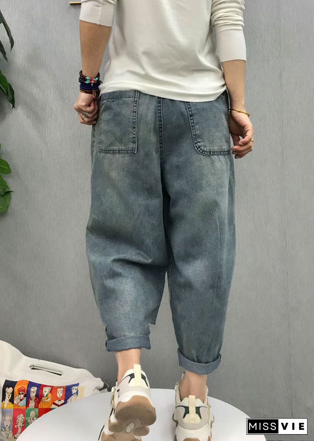 Bohemian Blue elastic waist patch applique denim Pants Spring