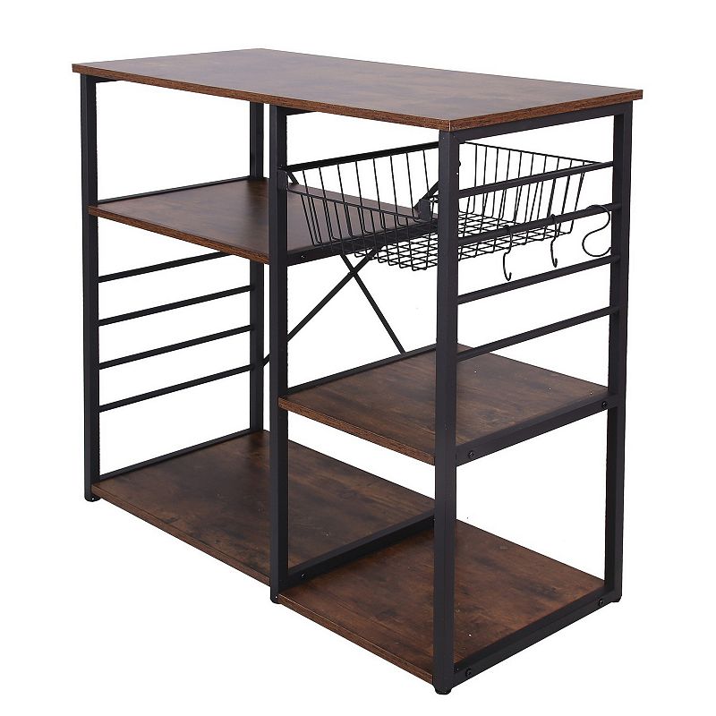 Wood and Metal Bakers Rack with 4 Shelves and Wire Basket， Brown and Black